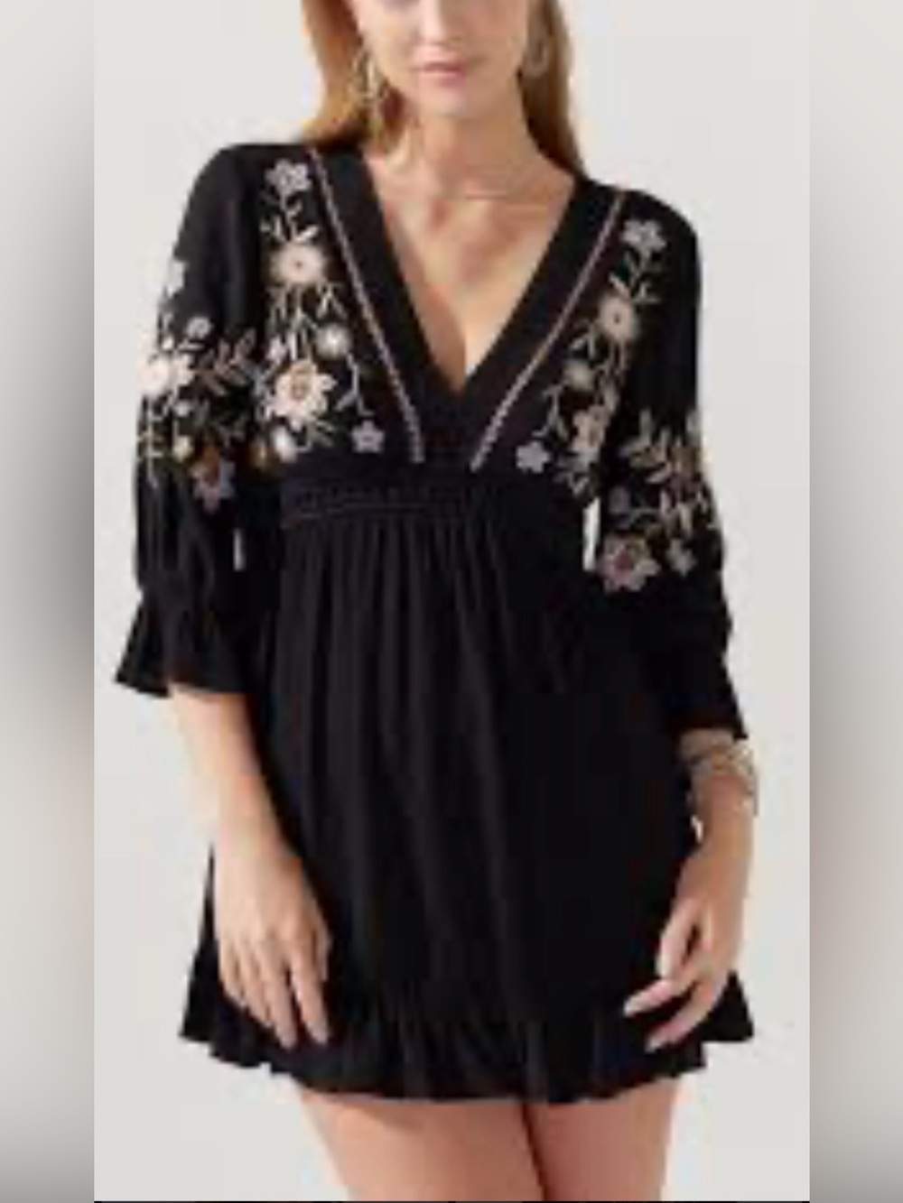 Black Embroidered Mini Dress with Floral Accents